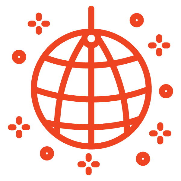 a red globe with stars around it