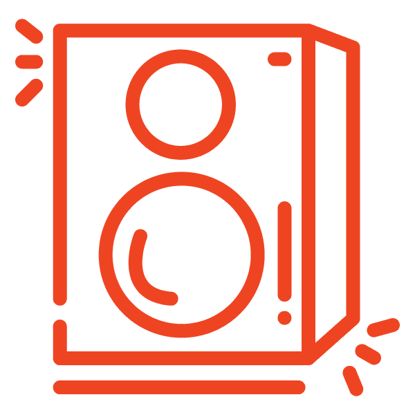 a black and orange line art of a speaker